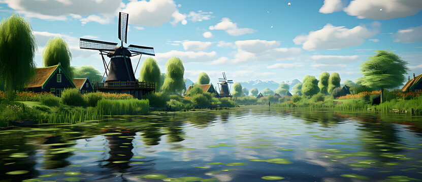 a painting shows a windmill near water