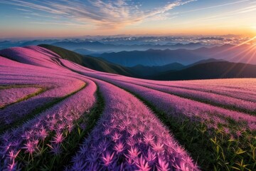 Sunrise over the mountain with beautiful flower