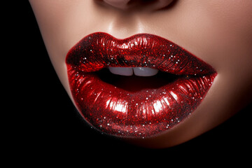 Obraz premium Sensual Beauty Red Lips Makeup Detail. Closeup of Attractive Woman's Mouth. Generative Ai.