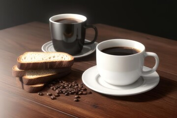 Coffee with bread on wooden table