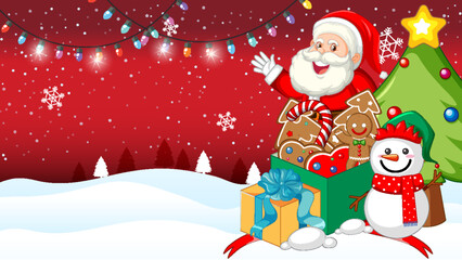 Happy Santa with Gift Box in Winter Landscape