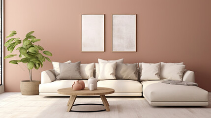 Modern Minimalist Beige Living Room Interior - Wall Art Decor Mockup
