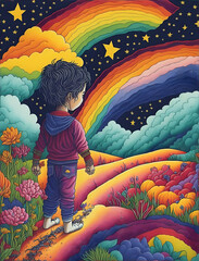 boy walking along the rainbow path, Generative AI