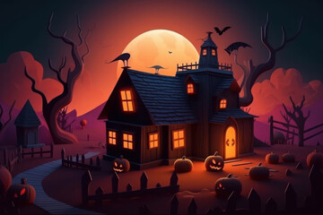 Illustration of a cartoon horror house for Halloween. Generative AI.