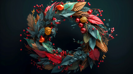 Obraz na płótnie Canvas Christmas wreath made of berries and evergreens, generative AI.