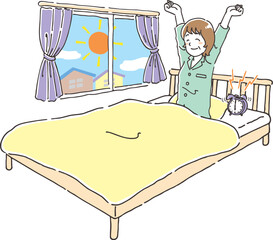 朝すっきり目覚めるミドル女性　全身　ベット