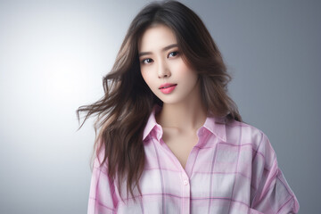Fototapeta premium Nice suit with pattern of Scottish tartan plaid. Fashion girl wearing day and night dress plaid check pattern in grayish black, pink and sienna red. Generative AI.