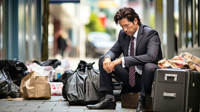 a poignant depiction of despair: a sorrowful individual seated on a sidewalk, surrounded by cardboard boxes and luggage, facing the aftermath of job loss. Ai Generated
