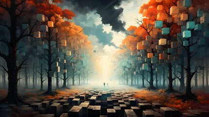 surreal landscape of a forest in autumn, the trees composed of floating, multi-colored cubes, and the ground a tapestry of interwoven geometric shapes,