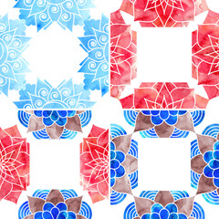 Frames for the cover decorated with blue and red watercolor pattern mandala - 647558422