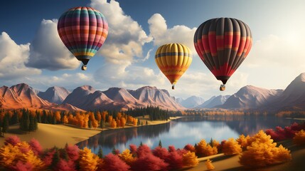 A shot of a hot air balloon floating in the autumn sky, against a backdrop of colorful trees.