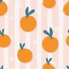 Seamless Repeat Vector Oranges Citrus Pattern Stripes Cute Fun Peaches Pink Girly Nursery Paper Wallpaper Fun Princess Tropical