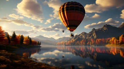 A shot of a hot air balloon floating in the autumn sky, against a backdrop of colorful trees.
