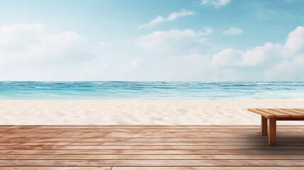 Fototapeta premium Beautiful summer beach coast landscape with empty wooden beach floor desk plank table with clouds in the sky, tropical weather.