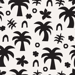 Fototapeta na wymiar Seamless Repeat Vector Paper Cut Modern Jungle Palm Tree Abstract Fashion Black White Monochrome Leaf Pattern Tropical