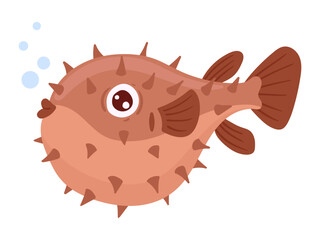 Fugu fish. Cartoon japanese puffer fish, underwater sea fauna. Balloonfish or blowfish flat vector illustration. Cute globefish on white background
