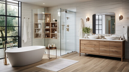 Spacious bathroom with a freestanding tub and glass shower, featuring wooden cabinets and white tile.