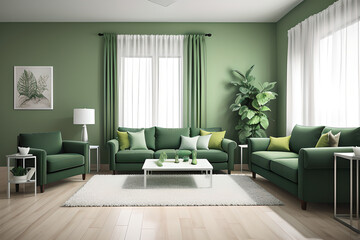 Cozy green home interior with green sofa, table and decor in living room. Wide view