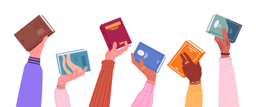 Hands holding books. Cartoon human hands with closed books. Reading, studying and literature loving people flat vector illustration set. People holding books