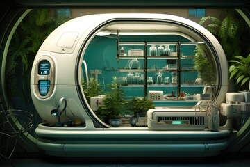Fototapeta premium Green plants zone in the spaceship background.