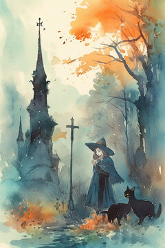 A witch in a cemetery with a black cat. Generative AI.