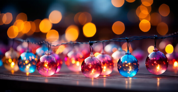 Festive bright colored Christmas garland on blurred bokeh background, New Year banner - AI generated image