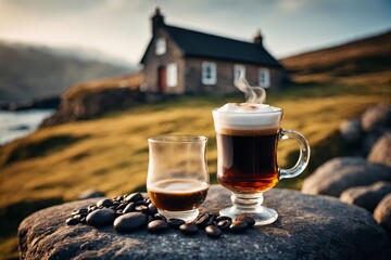 Nahaufnahme eines dampfenden Glases Irish Coffee neben einer Whiskeyflasche im Freien auf einem Felsen mit irischer Landschaft im Hintergrund. - obrazy, fototapety, plakaty