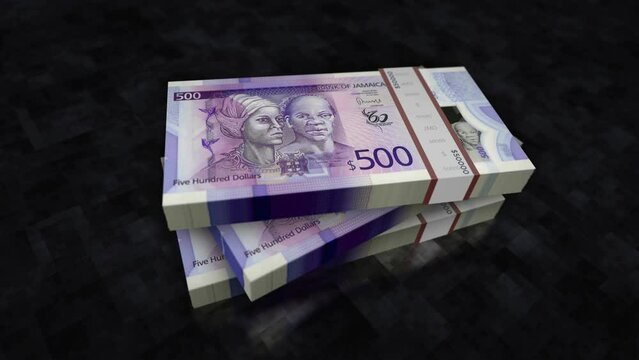Jamaica money Jamaican Dollar money pile pack. Concept background of economy, banking, business, crisis, recession, debt and finance. 500 JMD banknotes stacks 3d animation.