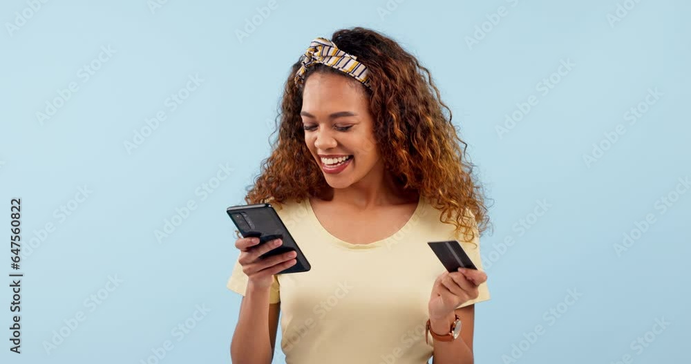 Sticker Woman winner, credit card and phone for online shopping, e commerce celebration or payment success in studio. Excited African person on mobile banking, loan news or dance for bonus on blue background