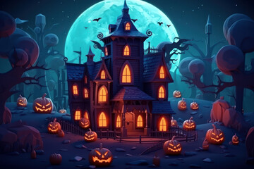 Cartoon horror house with halloween pumpkins. Generative AI.