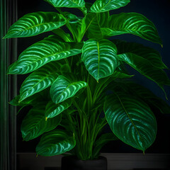 leaves on a black background, Dieffenbachia plants at night, made by AI
