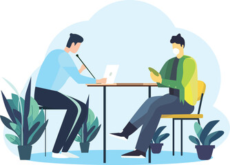Vector illustration of office workers sitting at desks in flat design style