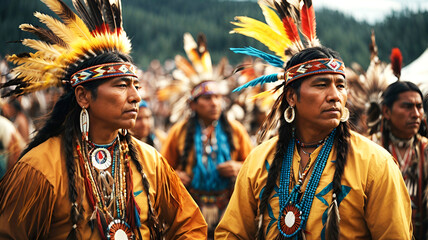 Native American powwow gathering filled with vibrant dances and music, exuding an engaging atmosphere - AI generated