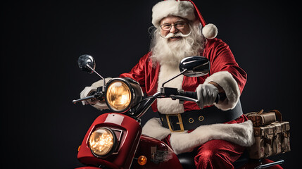 Profile side view of nice bearded cheerful fat funky Santa riding moped carrying pile stack fairy purchases shopping discount