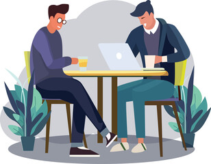 Vector illustration of office workers sitting at desks in flat design style