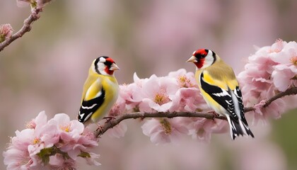 Naklejka premium Goldfinch two birds on blossom flowers tree brunch.