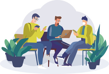 Vector illustration of office workers sitting at desks in flat design style