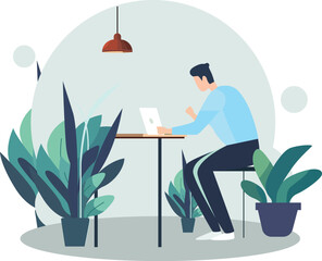 Vector illustration of office workers sitting at desks in flat design style