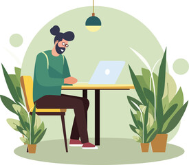 Vector illustration of office workers sitting at desks in flat design style
