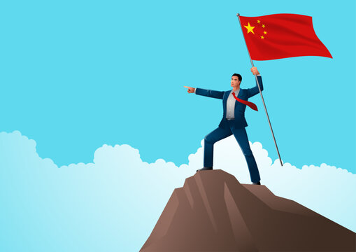 Chinese businessman proudly stands at the summit of a mountain, holding the flag of China high, he points confidently towards the future, symbolising the nation's aspirations for progress and success