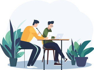 Vector illustration of office workers sitting at desks in flat design style