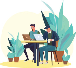 Vector illustration of office workers sitting at desks in flat design style