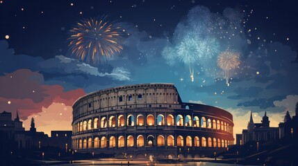 Colosseum Poster in the Night with  with Fire Work View in New Year Celebration generative ai