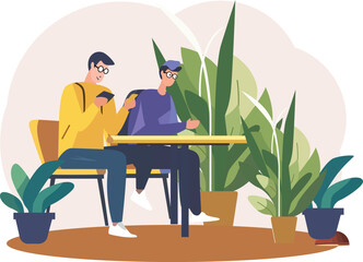 Vector illustration of office workers sitting at desks in flat design style