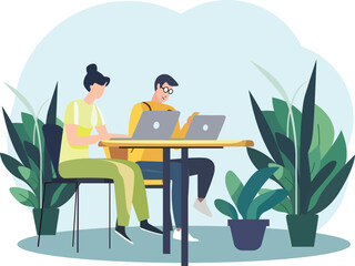 Vector illustration of office workers sitting at desks in flat design style