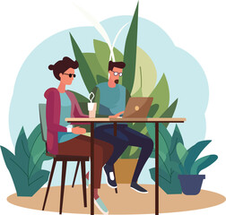 Vector illustration of office workers sitting at desks in flat design style