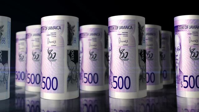 Jamaica money Jamaican Dollar money rolls loop 3d animation. Camera moving in front of the JMD rolling banknotes. Seamless loopable concept of economy, finance, business and debt.