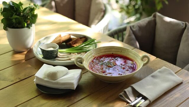 traditional Ukrainian borsch on the terrace