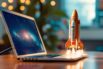 Space rocket taking off from laptop screen Computer 