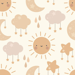 Moon, Sun, Cloud and Stars Cute Seamless Pattern, Cartoon Vector Illustration, Cute Kawaii Cartoon Drawn Background, Isolated Background - 647563251